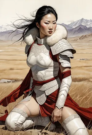 Highly detailed Mongolian warrior princess wearing white leather armour with fur collar kneeling in red cloth, set against vast Mongolian fields and mountains