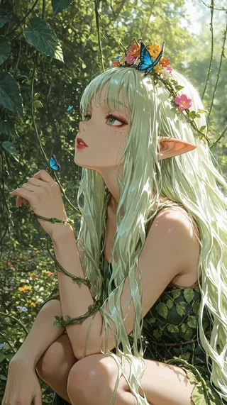 A detailed side view of an elf girl with long light green hair adorned with a flower tiara and blue butterflies, wearing a leaf and vine dress, crouching amidst a sunny forest garden.