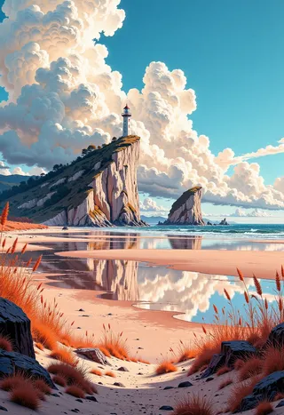 A tall lighthouse perched on a towering cliff overlooking tidal flats with vivid reflections of clouds and sky, surrounded by windswept grasses and textured natural elements.