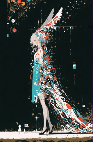 A surreal digital artwork featuring a winged female figure with flowing, colorful abstract patterns in red, blue, black, and white cascading from her dress and wings against a dark background.