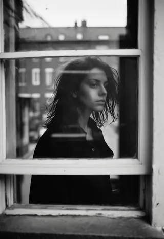 Black and white photo of a woman with medium messy hair seen in silhouette through a window with reflections and shallow depth of field.