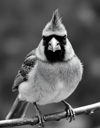 Black and white close-up photo of a cardinal bird perched on a branch with detailed feathers and focused eyes.