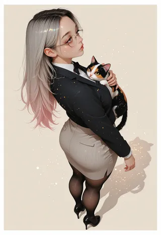 A chubby woman with long grey gradient hair, wearing rimless round glasses, a black office blazer, beige medium skirt, and black pantyhose holding a calico cat against a simple pastel khaki background.