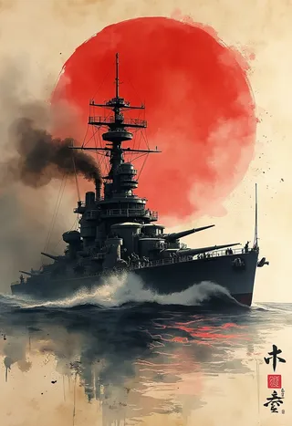 Watercolor and ink wash illustration of a World War 2 Japanese battleship sailing with smoke rising, set against a large red sun and Japanese kanji characters in the foreground.