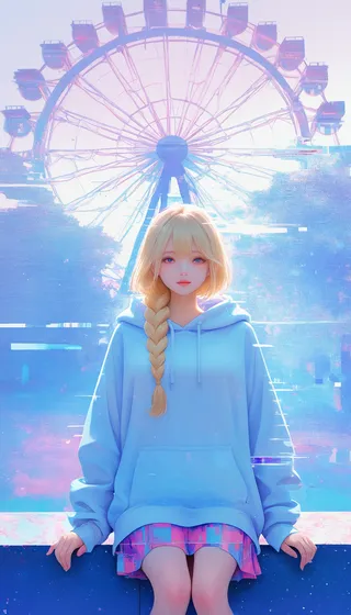 Blonde woman with a long braid wearing an oversized blue hoodie and short pink plaid skirt sitting in front of a large ferris wheel at a fairground, with a surreal and glitch art effect.
