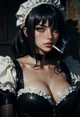 Realistic portrait of a woman in a black and white maid outfit with puffed sleeves and frilled headpiece, black choker with red gem, smoking a cigarette with smoke rising, illuminated by dramatic lighting.