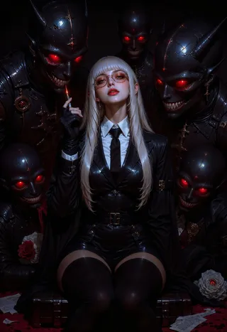 A gothic woman with long silver hair and glasses sits confidently with a lit cigarette, surrounded by sinister shadowy figures with glowing red eyes in a dark atmosphere.