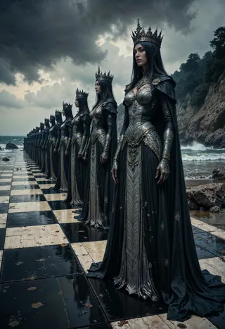Line of female chess pieces dressed in dark Victorian gowns with ornate crowns standing on a worn black and white checkered board by a moody ocean under cloudy skies.