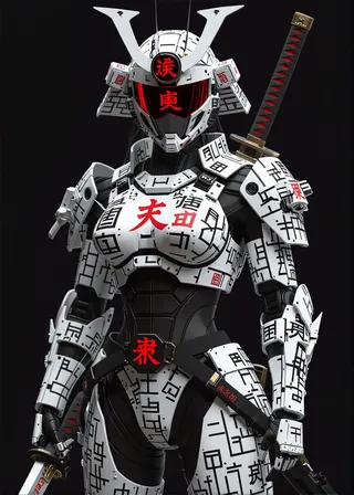 A futuristic cyber warrior in a black and white suit covered with intricate abstract text, wearing a helmet with red characters and holding a samurai-style sword.