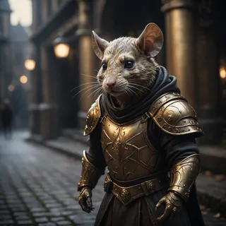 Close-up of a realistic mouse wearing intricate golden armor standing in a dimly lit medieval street with dramatic cinematic lighting and film grain effects.
