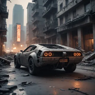 A futuristic cyberpunk dieselpunk sports car with glowing orange rear lights parked on a debris-covered street in a destroyed city after a nuclear blast, shot with shallow depth of field and cinematic bokeh.