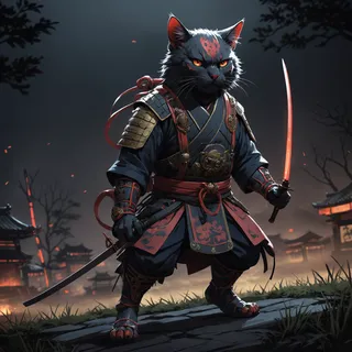 A fierce samurai cat standing on a battlefield at night, wearing traditional armor and holding a glowing katana with a dark, moody background.