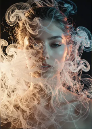 Close-up surreal image of a face enveloped in swirling smoke tendrils, blending cool blues and warm oranges against a dark background