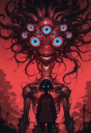 A dark eldritch abomination with multiple glowing blue eyes and a sinister smile, standing behind a silhouetted girl with glowing blue eyes against a red sky background.