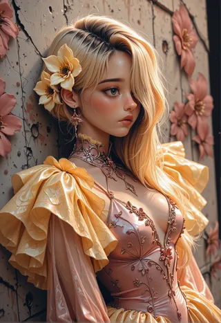 Side view of a Korean woman with detailed eyes and blush wearing a flower-inspired haute couture dress with yellow ruffles against a simple flower-adorned wall background.
