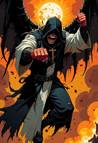 Father Fist with dark wings and tattered clergy robes delivering a flying punch, knuckles stained with blood and tattooed with 'Sinner' and 'Repent', against a fiery burning church background under a full moon.