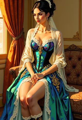 A young woman sits in an opulent salon wearing an iridescent blue and green corseted gown with intricate lace and pearl-embellished stockings, bathed in golden sunlight.