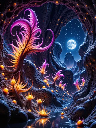 Ultra-high-resolution scene showing glowing alien plants with fractal geometry growing inside a dark cavern on a distant planet, with a starry night sky and moon visible through the cave exit.