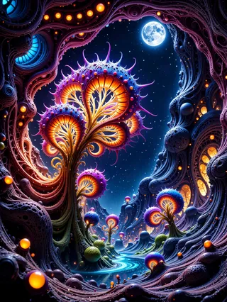 Vibrant alien plants with fractal geometry and glowing neon hues inside a dark alien cavern under a starry night sky with a bright moon, featuring bioluminescent insect lights.