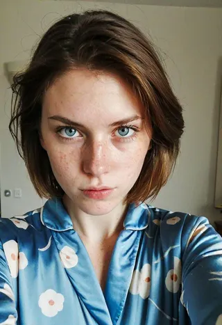 Close-up selfie of a young woman with bob hair wearing blue silk pajamas with flower patterns, showing freckles, blue eyes, and an angry expression under natural lighting at home.