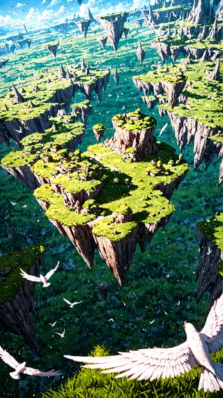 Colorful fantasy scene from above showing multiple floating islands with green grasslands and white birds flying around under a bright blue sky.