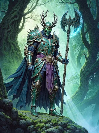 A towering armored knight stands in a dark enchanted forest, clad in rich green ornate armor with intricate vine and blossom motifs, glowing green eyes, and holding a massive battle axe shimmering with ethereal blue light. The scene is misty with tall moss-covered trees and soft, filtered blue-green light.
