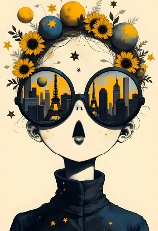 Surreal digital portrait of a minimalist woman with oversized round sunglasses reflecting a modern cityscape including the Eiffel Tower, adorned with sunflowers and celestial stars on a beige gradient background.