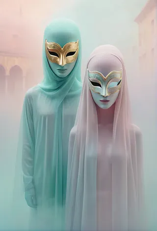 Two elongated human silhouettes wearing pastel-colored veils and intricately designed Venetian masks in a foggy, ethereal atmosphere with soft pastel hues.