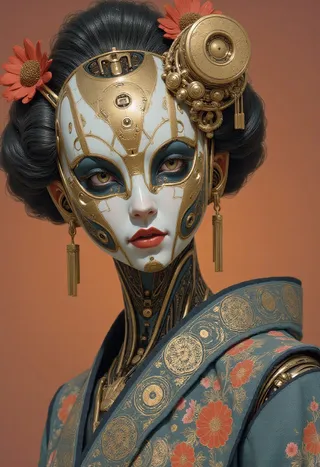 A futuristic cyborg geisha wearing a detailed mechanical mask with gold and white elements, adorned with traditional floral kimono and ornamental hair accessories.