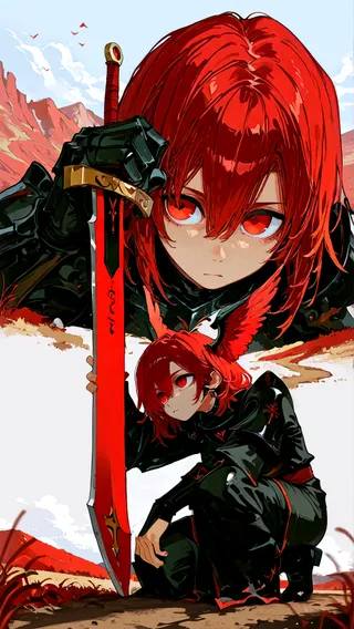 Anime girl with striking red hair and eyes, dressed in black shiny armor, kneeling on a dirt road holding a large red sword, wearing a winged helmet, set against a mountainous field background.