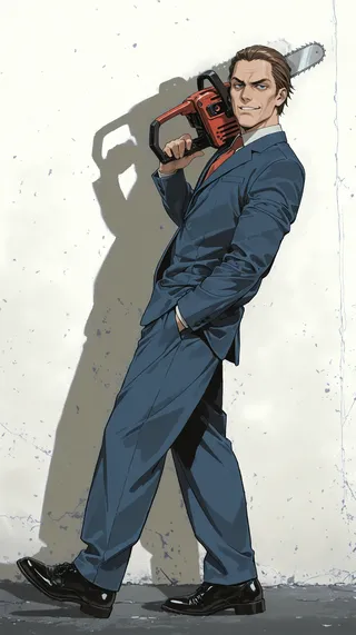 A confident man in a blue suit and red tie holds a chainsaw over his shoulder, with slicked back brown hair and a smirk, standing against a minimalist white background.