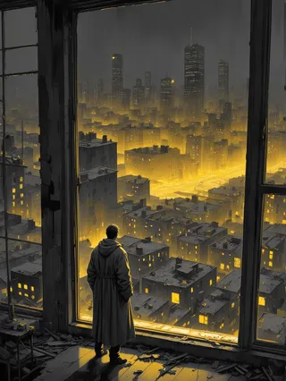 A man in a grey robe stands inside a dark, dilapidated room looking out of a large window at a cityscape illuminated by warm yellow lights, with tall skyscrapers in the distance under a gloomy sky.