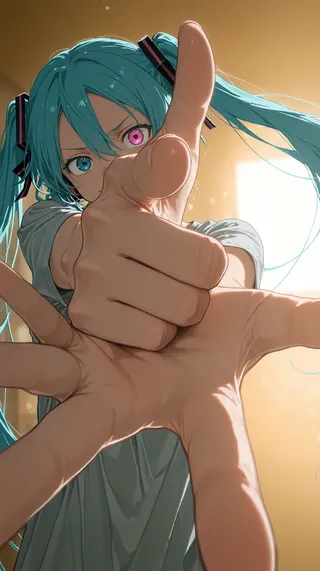 Hatsune Miku with turquoise twintails and heterochromia in a playful finger gun pose, featuring a close-up hand perspective in soft anime coloring.