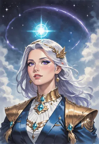 Portrait of a celestial guardian woman with flowing silver hair adorned with golden accessories, wearing ethereal robes and gold armor, glowing violet eyes beneath a glowing celestial orb halo in a cloudy sky background.