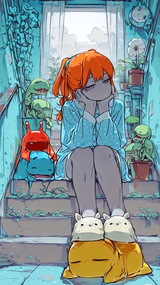 Orange-haired girl in polka dot pajamas and animal slippers sitting on stairs surrounded by potted carnivorous plants and small colorful creatures with a blue tone and backlighting.