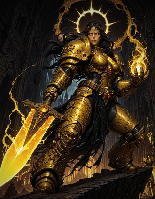 Female warrior clad in detailed golden power armor with glowing eyes and weapon, standing in a gothic cathedral, holding a fiery spear and unleashing supernatural energy.