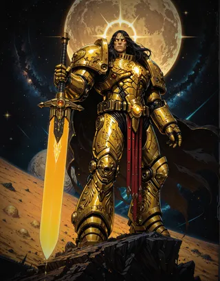 A warrior with dark hair and glowing eyes clad in intricate golden power armor holding a glowing sword, standing on a rocky moon surface with a large planet and stars in the background.
