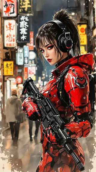 Japanese woman wearing red and black sci-fi power armour holding an assault rifle, with headphones and dark eyeshadow, standing on a neon-lit cyberpunk street at night.