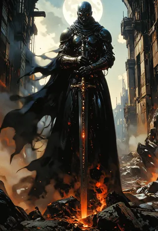 A spectral knight clad in dark armor stands amidst smoldering gothic ruins under a full moon, holding a glowing cursed obsidian sword surrounded by smoke and embers.