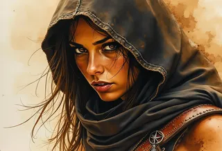 Closeup portrait of a barbarian amazon woman with intense gaze, wearing a dark hooded cloak and leather armour, captured with chiaroscuro lighting in sepia tones.