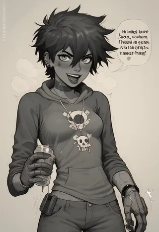 Young anime-style hacker zombie with spiky dark hair wearing a graphic hoodie and holding a spray can, featuring a robotic right hand and a playful expression.