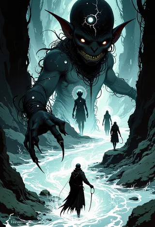 A sinister goblin with glowing eyes reaching out over an ethereal silver river flowing through a dark forest, with ghostly silhouettes of past and future selves appearing within the water.