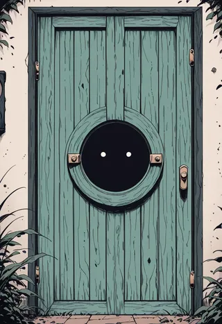 Illustration of a blue wooden door featuring vertical planks and a round central window with two white dots inside, surrounded by plants.