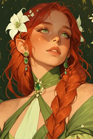 Portrait of a red-haired princess with green eyes, freckles, and braided hair adorned with flowers and green jewelry, wearing a green elegant gown.