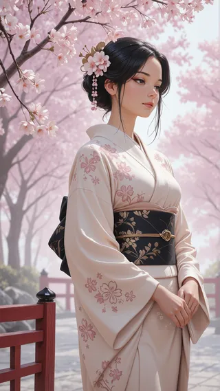 A serene woman wearing an elegant kimono with floral embroidery and traditional hair ornament, standing under cherry blossoms in a Japanese garden setting.