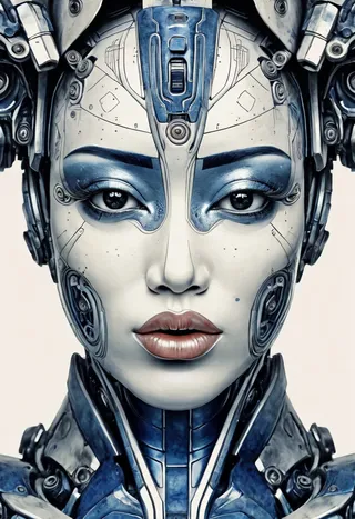 Close-up symmetrical portrait of a robot geisha with detailed cybernetic face, blue metallic makeup, and grunge iron armor on white background.