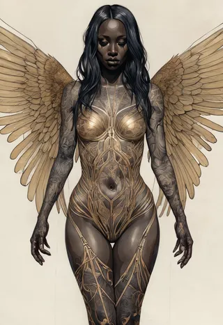 A detailed, intricate illustration of a black woman with long black hair, wearing transparent gothic golden clothes, adorned with tattoos, and large golden black swan wings, on a neutral background.