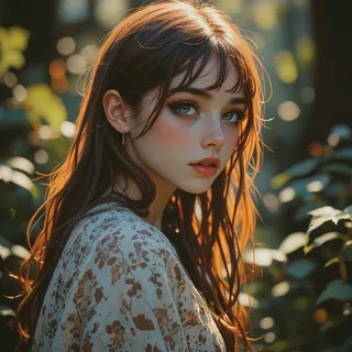 Haunting portrait of a young woman with deep blue eyes, wearing a lace-trimmed shawl, illuminated by golden light in a misty forest setting.