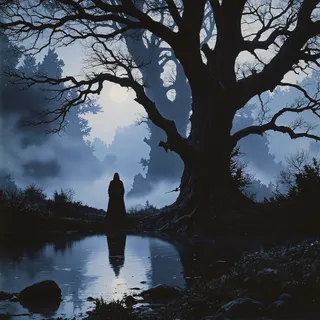 A mysterious cloaked figure stands by a mist-shrouded lake under a glowing full moon, with a large ancient tree silhouetted against a dark blue foggy sky.