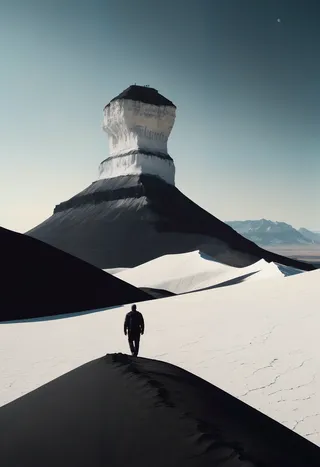 A photorealistic landscape featuring a mountain topped with white cliffs above a desert background, with vast expanses of black sand dunes and a lone figure walking across the sand.